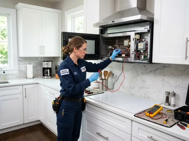 Appliance Repair Hero technician testing an over-the-range microwave in a Birmingham, AL kitchen